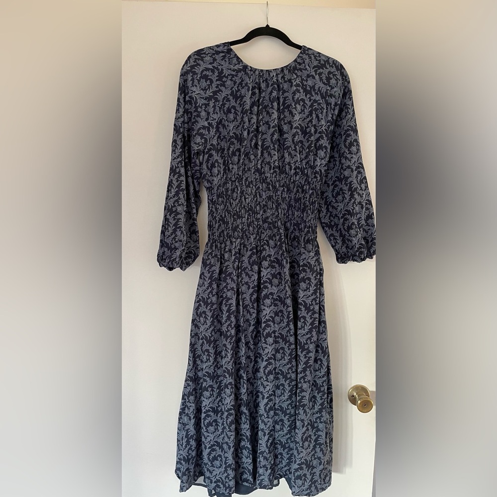 Bubble-Sleeve Smocked Midi Dress in Blue Floral